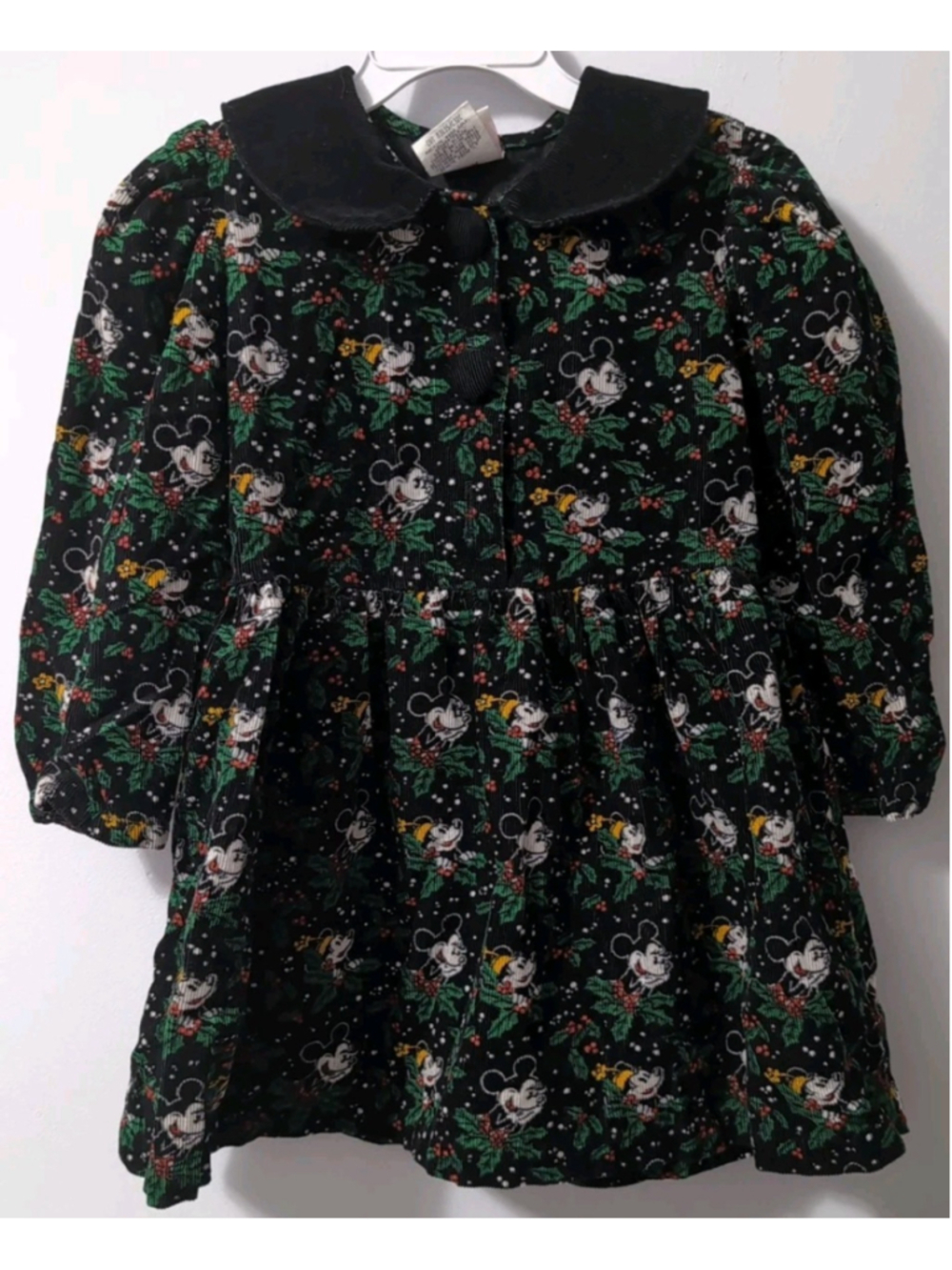 Vintage 90s Disney Christmas Dress Toddler Girl Black Corduroy Mickey Minnie 4